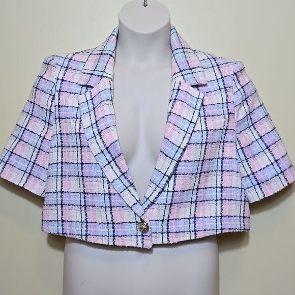 River Island Tweed Cropped Blazer jacket Size 10 Clueless Light Academia Preppy - Picture 14 of 14